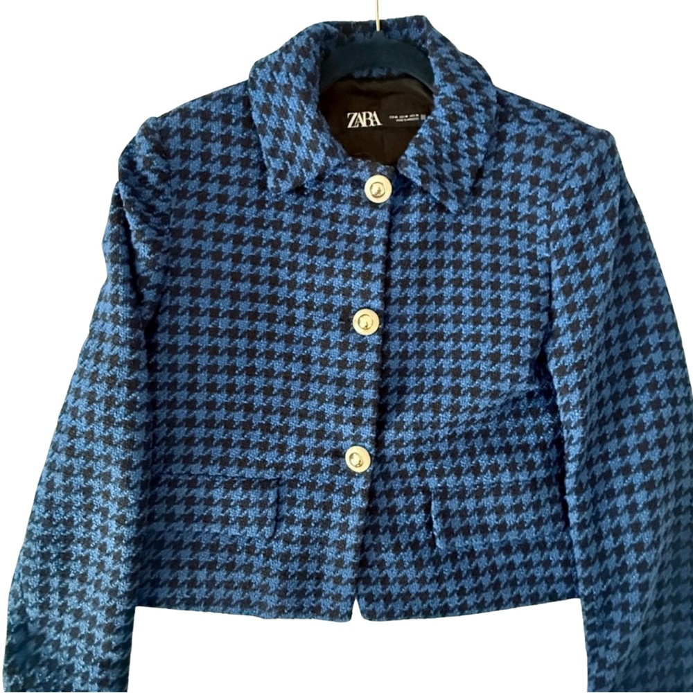 Zara Women's Black and Blue Houndstooth Blazer